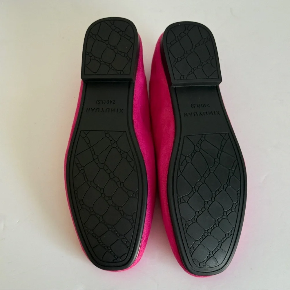 Ximuyuan Women's Pink Square Toe Faux Suede Women's Ballet Flats Size 7